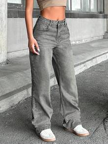 EURMUSE Quần jean lưng cao cổ điển 100% cotton dành cho nữ - Xám - Xem 8