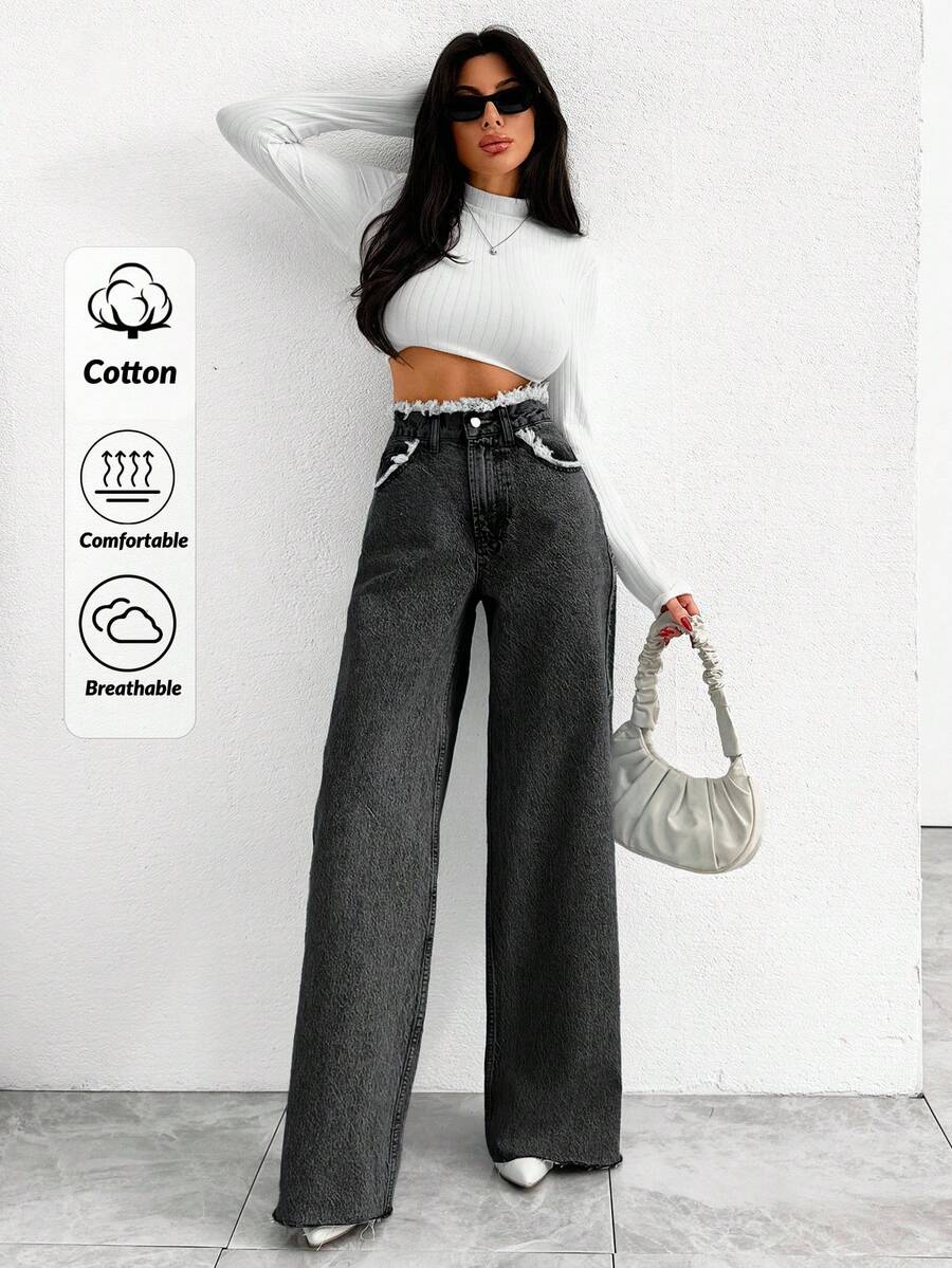 EURMUSE HIGH RISE WIDELEG JEAN WITH FRAYED POCKET - Light Grey - View 1