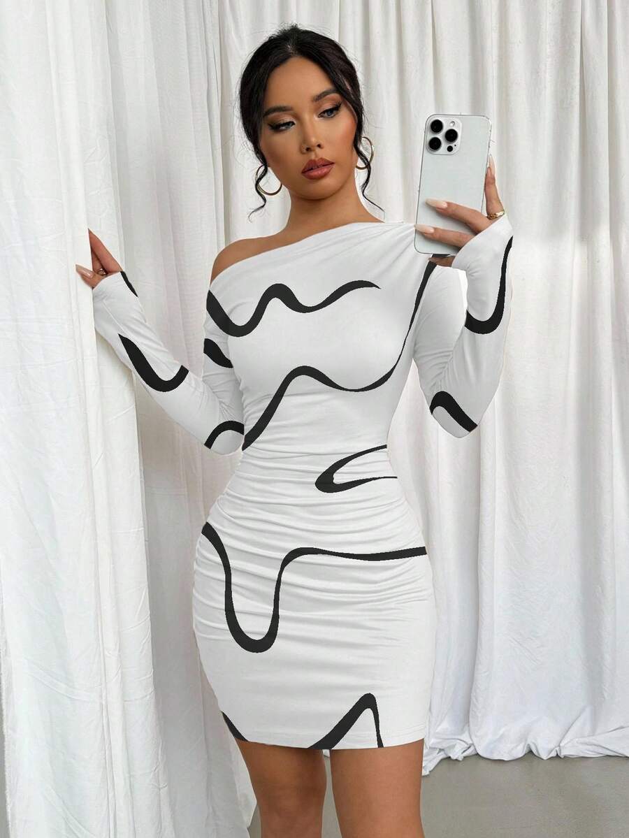 Chiquease Women's Graffiti Print Asymmetric Ruched Long Sleeve Dress Party Night White And Black Summer - White - View 1