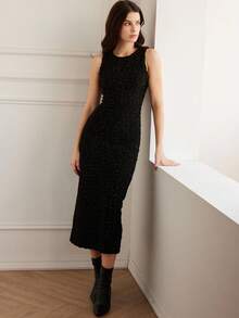 Aveloria Rosie Váy ôm eo không tay cổ tròn sang trọng của Pháp, vải kẻ caro viền kim loại sáng bóng co giãn cao, phong cách câu lạc bộ gợi cảm kiểu Mỹ, váy dạ hội, váy không tay có khóa kéo sau lưng, xẻ sau lưng, có lớp lót, có thể mặc riêng hoặc mặc với áo khoác - màu đen - Xem 5