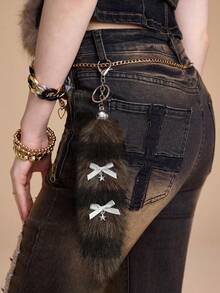ROMWE Goth 1pc Y2K Retro Chic Cute Minimalist Sophisticated High-Quality Animal Print Series Brown Faux Fur Anime Fox Tail With Black Lace Bow, Star Decor DIY Keychain Bag Charm, Suitable For Cosplay, Daily Wear, Holiday Gift For Women