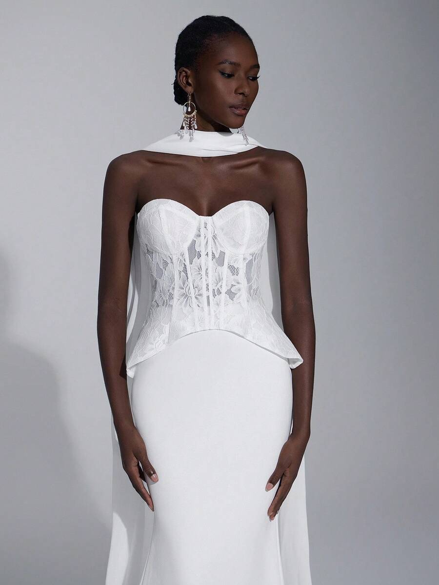 Elitara Váy đuôi cá dệt kim co giãn, thêu ren sang trọng thanh lịch có cổ yếm có thể tháo rời, thích hợp cho đám cưới, tiệc tùng, kỳ nghỉ, vũ hội, tuần trăng mật, váy cưới - Màu be - Xem 1