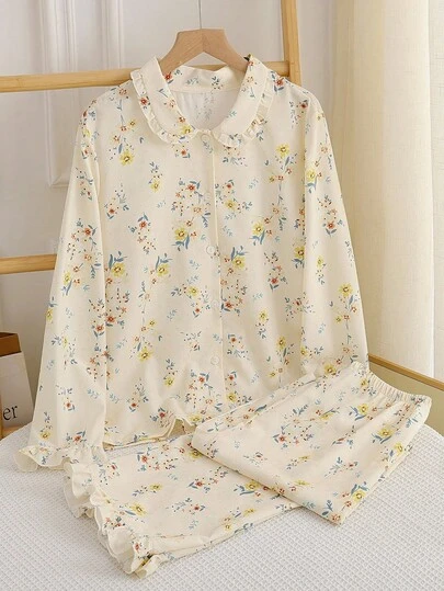少女雏菊印花雪纺长袖上衣和裤子两件套睡衣套装，带荷叶边袖口
