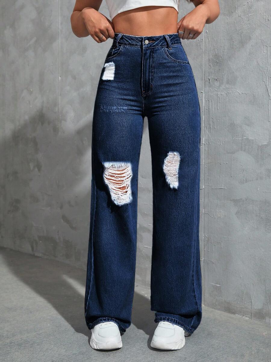 EURMUSE Casual Washed High Waist Distressed Straight Leg Jeans - Dark Wash - View 1