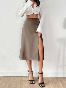 SHEIN Cottnline Women Solid Color Midi Skirt With Slit - Beige - View 6