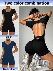 Dewbera 2 件女式简约纯色露背短袖无缝运动连体裤，夏季 - 彩色 - 查看 2