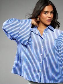 MISSGUIDED 女式超大号纽扣条纹衬衫宽袖口长袖翻领商务休闲办公室衬衫周末上衣专业工作服 - 藍色 - 查看 4