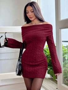 EURMUSE Women's Autumn Twist Cable Pattern Off Shoulder Long Sleeve Fitted Knit Dress,Winter Dresses - Burgundy - View 4