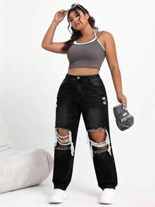 EURMUSE 女式大码休闲破洞牛仔裤 - 黑色 - 查看 3