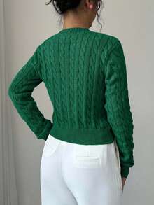 EURMUSE Women's Autumn Cable Knit Long Sleeve Bow Embroidery Cardigan - Green - View 2