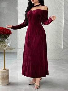 Modelyn Elegante abito da sera rosso vino con spalle scoperte, decorato con strass e maniche lunghe - Bordò - Visualizzare 3