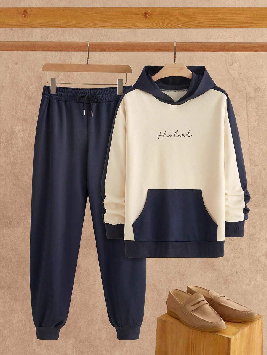HIMLAND 2pcs/Set Men's Casual Contrast Color English Numeral Print Sweatshirt Set Sweatshirt And Sweatpants Set Designer Sweatsuit Men Casual Sets 2 Pieces Sweat Suite For Men - Multicolor - View 1