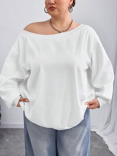SHEIN CURVE+ Plus Size Women Loose Fit Oblique Shoulder Thermal Lined Sweatshirt, White, Autumn/Winter Fall/Autumn /Winter
