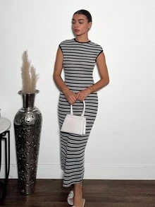 Andrea Bello Women's Casual Striped Round Neck Cap Sleeve Dress, Summer - Black and White - View 1