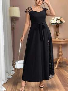 Auvina Vestido ajustado con decoración de malla jacquard de talla grande, ideal para fiesta veraniega o de vacaciones