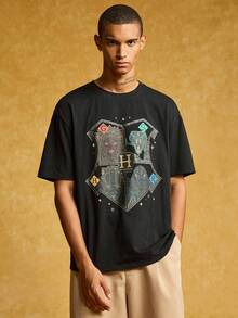 HARRY POTTER X SHEIN 男士休闲宽松动物徽章印花落肩黑色T恤，夏季 - 黑色 - 查看 4