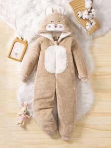 女童可爱兔子羊毛连帽连体裤家居服 - 杏色 - 查看 1