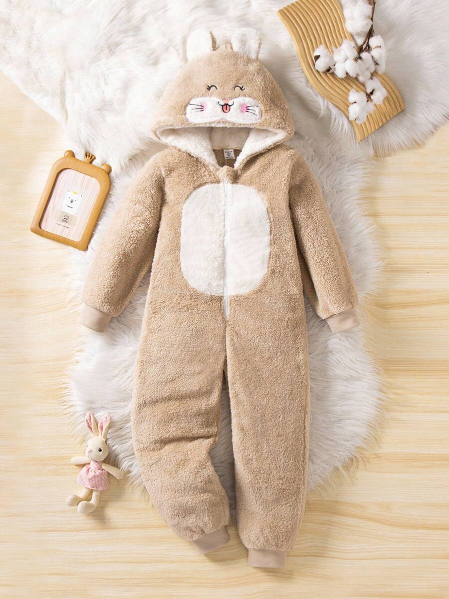 女童可爱兔子羊毛连帽连体裤家居服 - 杏色 - 查看 1