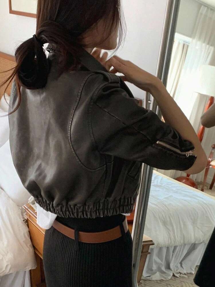 Retro American Style Long Sleeve Zipper Leather Jacket, Chic Streetwear For Women Fall/Winter Women Coats