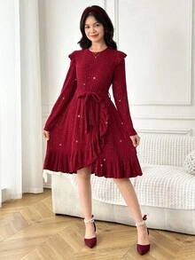 SHEIN Teen Girl Elegant Fitted Round Neck Frill Trim Long Sleeve Metallic Texture Ribbed Asymmetric Bowknot Knit Dress, Red, Suitable For Christmas And Halloween - Red - View 5