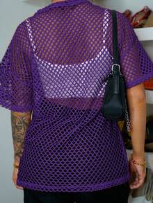 SAYEHFBABY 音乐节黑色百搭性感休闲宽松网眼钩针女式短袖 T 恤上衣 - 紫色 - 查看 6