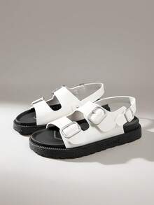 Solecia Women's Summer Outdoor New Metal Buckle Sandals, Strap Open Toe Thick Sole Anti-Slip Retro Thick Bottom Versatile Beach Shoes, Flat - White - View 2