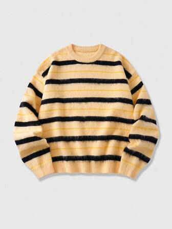 Street Life Men's Striped Knit Sweater, Loose Cropped Fit, Fall Winter