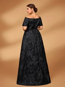 Serin 大码秋冬优雅华丽黑色纱染提花缎面露肩不对称蝴蝶结设计A字裙摆连衣裙，适合晚宴、约会、节日、舞会、婚礼、晚宴、新娘、母亲礼服、婚礼宾客、情人节等场合。 - 黑色 - 查看 5