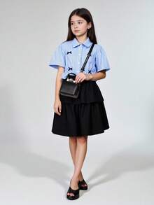 Ontre Tween Girl Striped Petal Sleeve Blouse And Mini Skirt 2 Pieces Set,Black And White,Summer,Cute,School,Back-To-School Teenager Girls Shirt With Bows - Blue - View 1