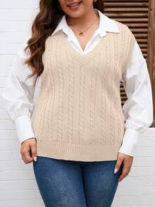 Áo vest dệt kim màu trơn cổ chữ V cỡ lớn dành cho nữ, phong cách sinh viên, thích hợp cho mùa tựu trường, mùa thu/đông - Màu be - Xem 5