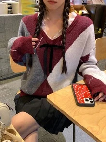 DAZY Women's V-Neck Lace Patchwork Loose Collegiate Argyle Colorblock Pullover Sweater, Casual School Style For Christmas Fall/Winter