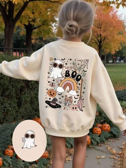 万圣节角色扮演服装，女孩休闲创意卡通鬼南瓜彩虹图案基本款圆领运动衫，秋季服装