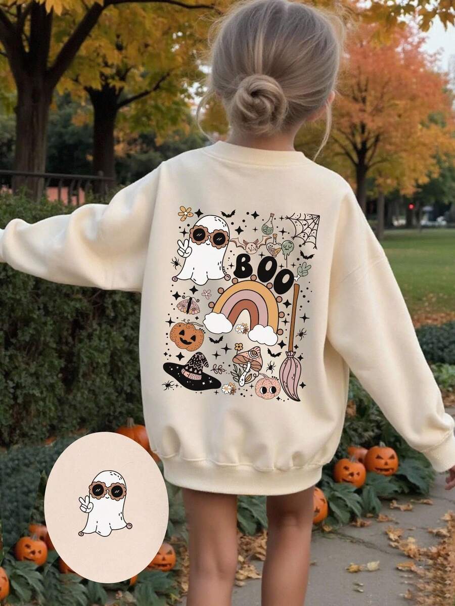 万圣节角色扮演服装，女孩休闲创意卡通鬼南瓜彩虹图案基本款圆领运动衫，秋季服装 - 卡其色 - 查看 1