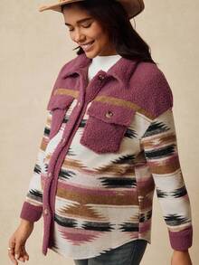Boho Mama Maternity Drop Shoulder Fleece Front Button Vintage Fashion Versatile Jacket  Women's Winter Jacket  Boho - Pink - View 7