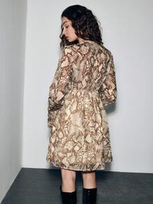 Lumivelle Snake Skin Print, Double Ruffle Cuff Long Sleeve Women Short Dresses Fall Cloth For Women - Multicolor - View 2