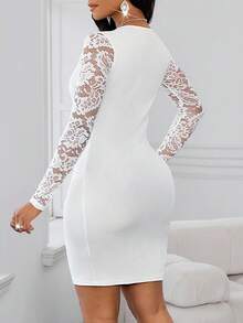 SHEIN Lady Women's Contrast Lace Long Sleeve Overlap V-Neck Ruched Fitted Elegant Mini Dress - White - View 2