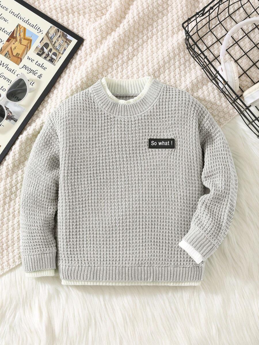 1pc Young Boys' Clothing 2 In 1 Structure English Patch Basic Sweater, Suitable For Kids Outfits, Young Boy Clothes, Back To School Boys Set, Suitable For Birthday Party, Evening Party, Performance, Wedding, Baptism, School Opening Ceremony, Daily Wear, Travel, Sports, Autumn/Winter Season Fall