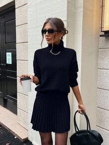 EMERY ROSE Bộ 2 món áo len cổ lọ tay dài màu trơn và chân váy midi dệt kim thường ngày cho nữ, mùa thu - Màu xanh lam - Xem 6