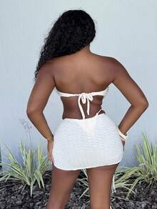 Alexandranx 3pcs Textured Strapless Starfish Decor Bikini Swimwear Set, Sexy Beach Clothes - Apricot - View 2