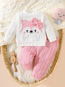 SHEIN Áo dài tay thêu màu trắng cho bé gái sơ sinh mùa thu kết hợp với quần hồng 2 món giản dị, đơn giản, thời trang và đa năng - Nhiều màu - Xem 3