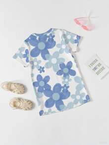 SHEIN Sparklyn Girls Casual Fashion Creative Cartoon Cute Blue Rabbit Flower Letter Slogan Print Short Sleeve T-Shirt Dress Girls Casual Printed Straight Dress Kids Clothes Girls Blue White Blue Dress For Girls - Khaki - View 2