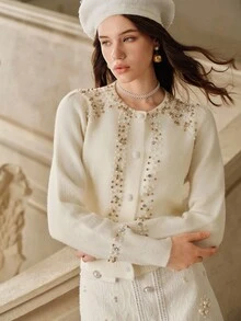 Anewsta Savoree Cardigan elegante e romantico da donna per autunno/inverno, con perline decorative, collo tondo, bottoni in perla davanti, manica lunga, effetto ringiovanente - Beige - Visualizzare 5