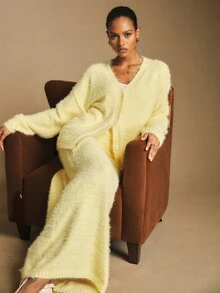 Poéselle Conjunto de 2 peças de cardigan de malha fofo com decote em V e calças soltas para mulheres - Amarelo - Ver 1