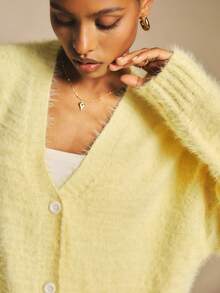 Poéselle Conjunto de 2 peças de cardigan de malha fofo com decote em V e calças soltas para mulheres - Amarelo - Ver 3