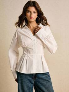 Poéselle Women's Shirts, Tie Back Waist, Button Closure, Fitted Waist Shirts, White Shirts, Long Sleeve Shirts, Women's Blouse, Casual Women's Solid Color Long Sleeve Single-Breasted Waist Casual Shirt Fall Clothes For Women Autumn Outfits For Women Winter Clothes For Women  Women's Winter Clothes - White - View 3