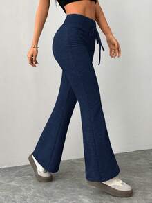 SHEIN PETITE Pantalones de chándal de mujer de cintura elástica gris con vuelo, de estilo casual