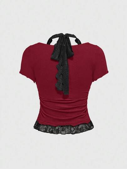 Grunge Punk T-shirt ajusté à col rond pour femmes, patchwork de strass et de dentelle, style punk