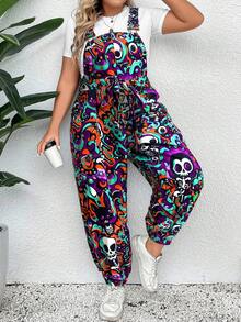 Flirla Bộ đồ liền thân rộng rãi, thoải mái, có dây rút in họa tiết Halloween dành cho nữ cỡ lớn - Nhiều màu - Xem 3