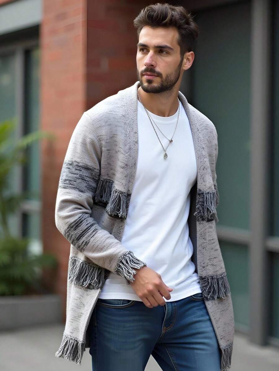 Manfinity Homme Cárdigan con parches de color contrastante y decoración con flecos para hombre, otoño e invierno - Gris - Ver 1