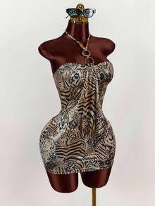 Amplova Vestido ajustado de mujer con tirantes finos y estampado de leopardo